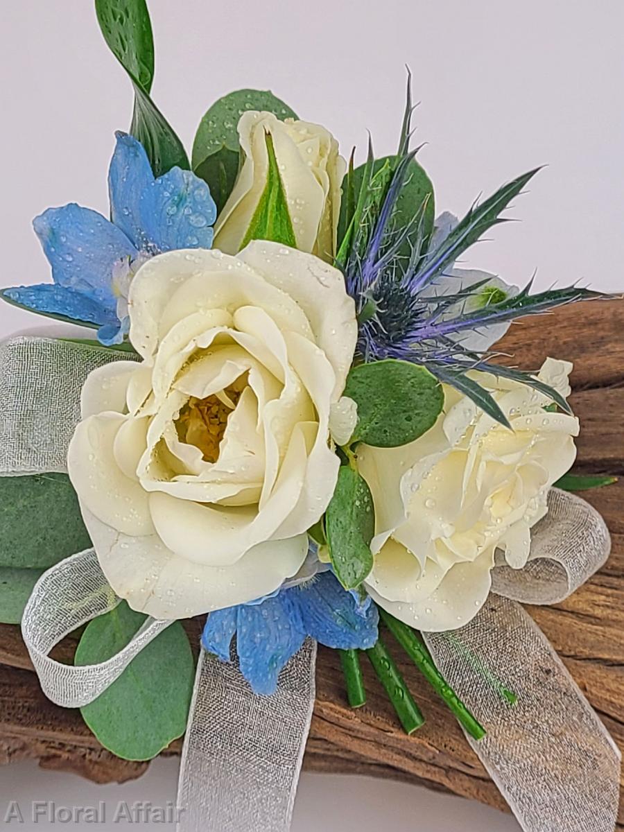 BF0799-White Spray Rose, Blue Belladonna Wrist Corsage-1