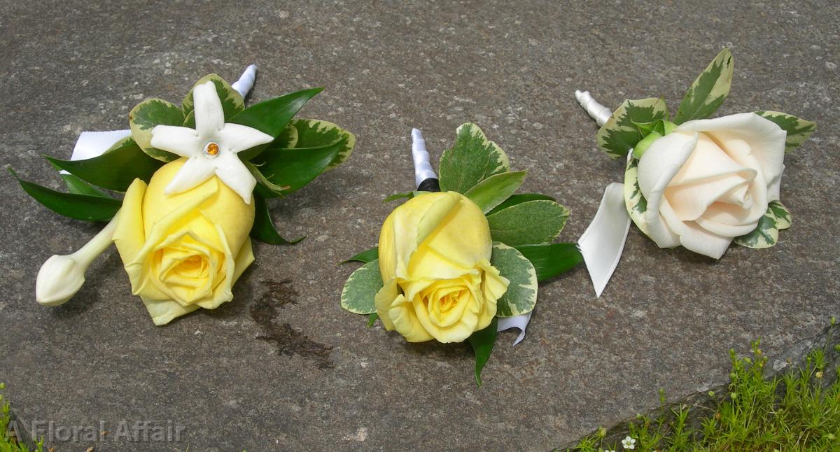 BF0320-Yellow Rose and White Stephanotis Boutonnieres